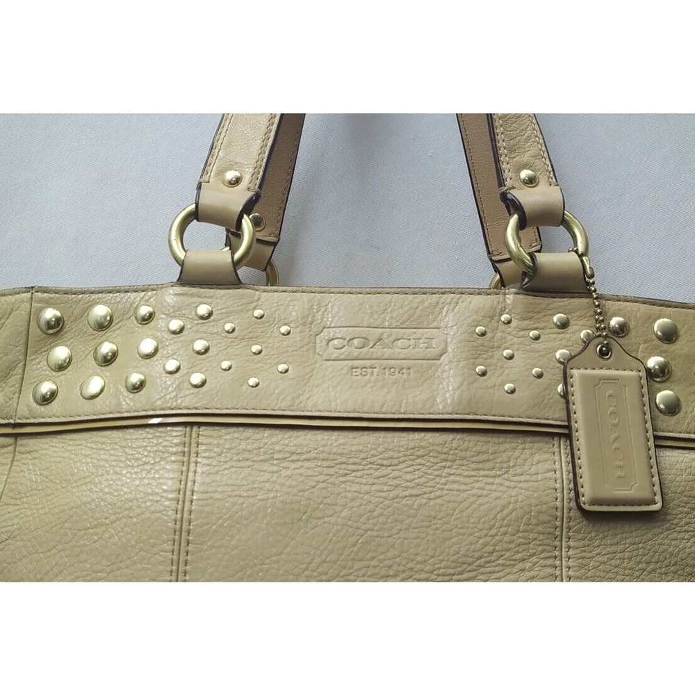 Coach Tan Leather Studded Double Handle Zipper Closure Tote Shoulder Bag - Picture 4 of 16